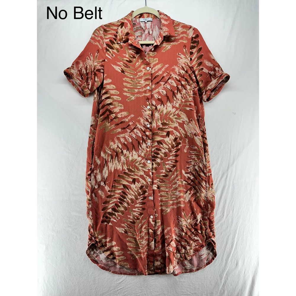 FRNCH Paris Women Terracotta Tropical Leaf Print Viscose Shirt Dress S Pocket
